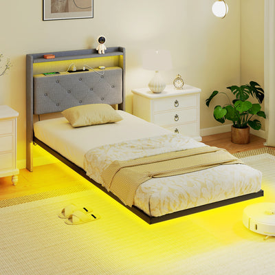HOMCOM Floating Bed Frame, Upholstered 3ft Single Size Bed, Platform Bed with RGB LED Lights and Charging Station, Grey 