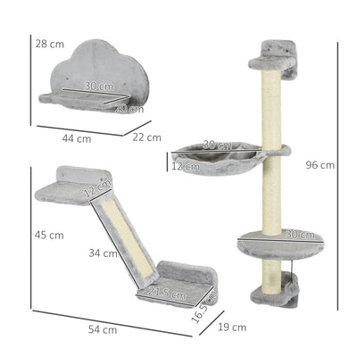 PawHut Three-Piece Wall-Mounted Cat Shelves, with Hammock, Ladder, Platforms, Scratching Post - Grey 