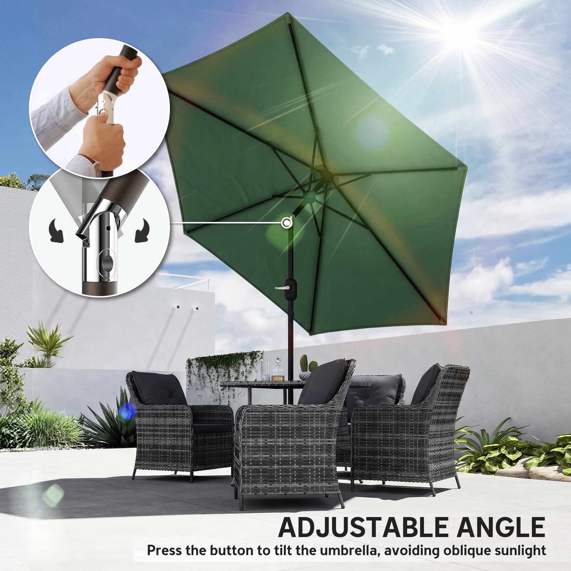Outsunny 2.6 m Garden Parasol Umbrella with Aluminium Pole, Outdoor Patio Umbrella with Tilt and Crank, Vent, Dark Green 
