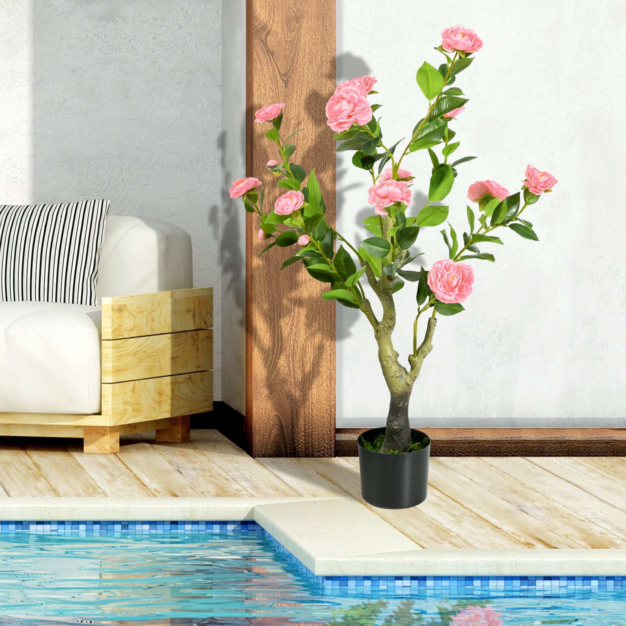 HOMCOM 2 Pieces Decorative Artificial Plants Camellia Flower with Pot, Fake Plant for Home Indoor Outdoor Decor, 95cm, Pink 