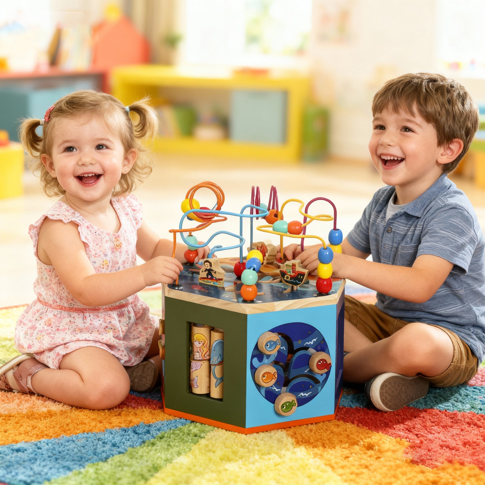 AIYAPLAY Wooden Activity Cube, Baby Toys with Bead Maze, Pattern Sorter for Toddlers Boys and Girls 18+ Months 