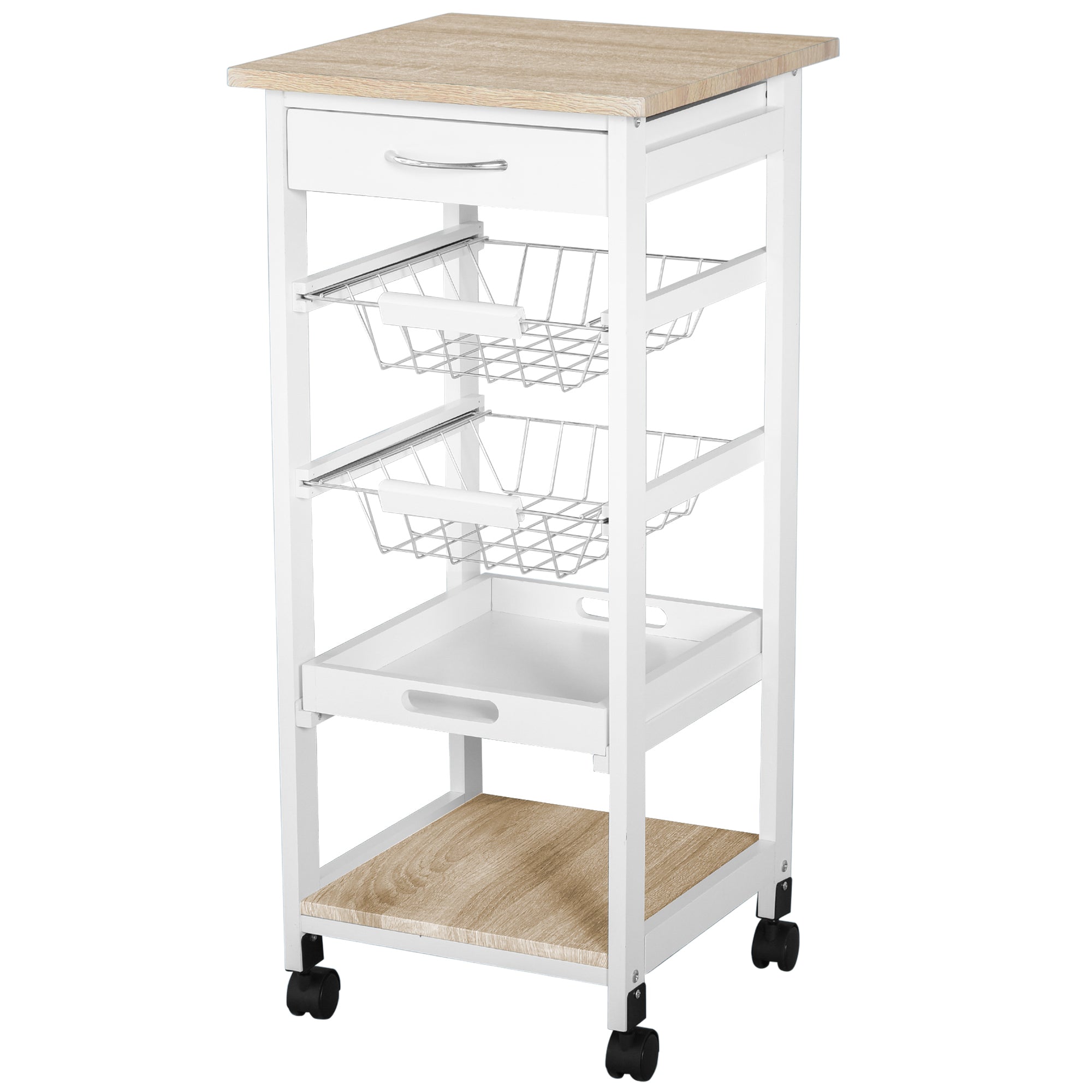 HOMCOM Mobile Rolling Kitchen Island Trolley for Home w/ Metal Baskets Trays Shelves Wheels Compact Stylish Storage White 