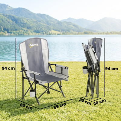 Outsunny Padded Camping Chair Adults Heavy Duty Folding Chair Side Pocket Cup Holder Carry Bag Outdoor Light Grey 