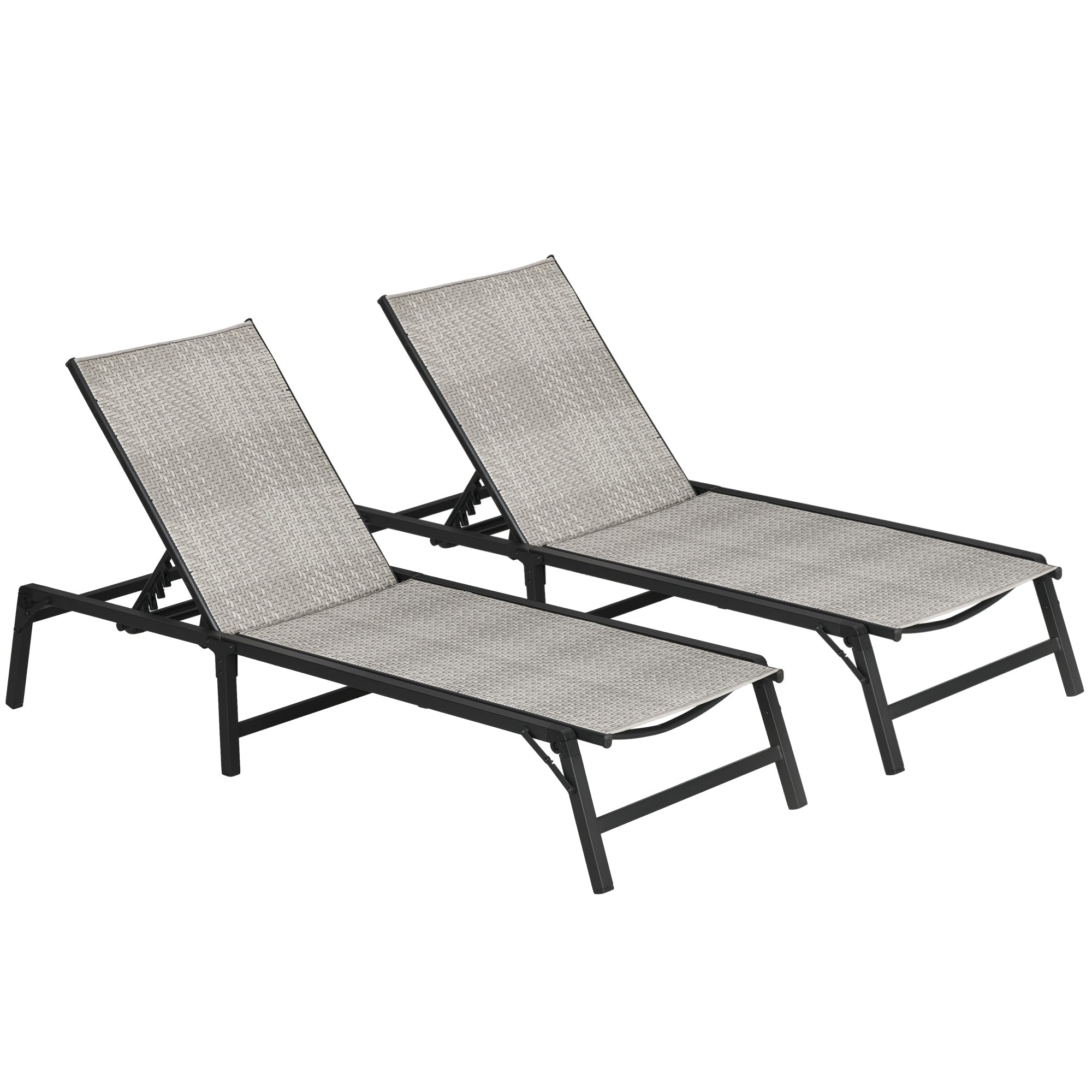 Outsunny Foldable Outdoor PE Rattan Sun Lounger Set of 2, Patio Wicker Recliners Lounge Chair w/ 5-Level Adjustable Backrest, for Poolside, Garden, Mixed Grey 