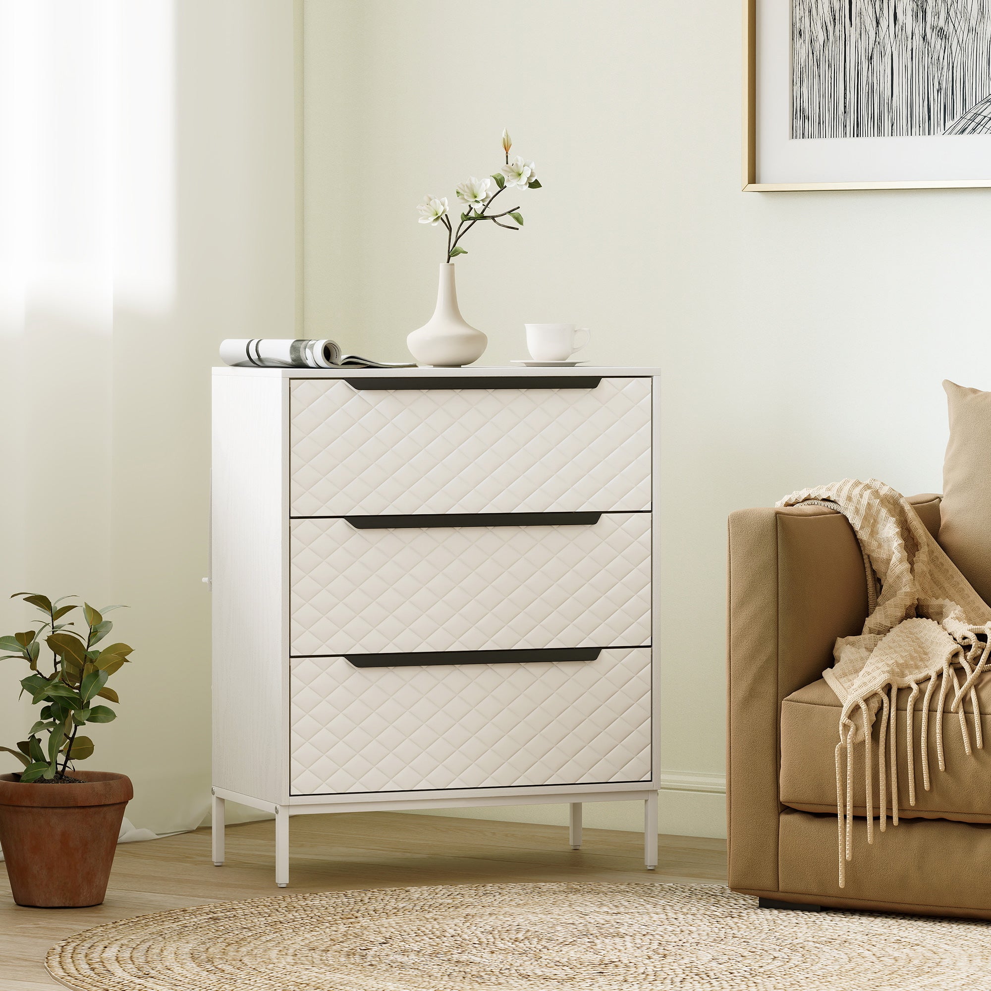 HOMCOM Chest of Drawers, Dresser with 3 Fabric Drawers and Aluminium Handles - White 