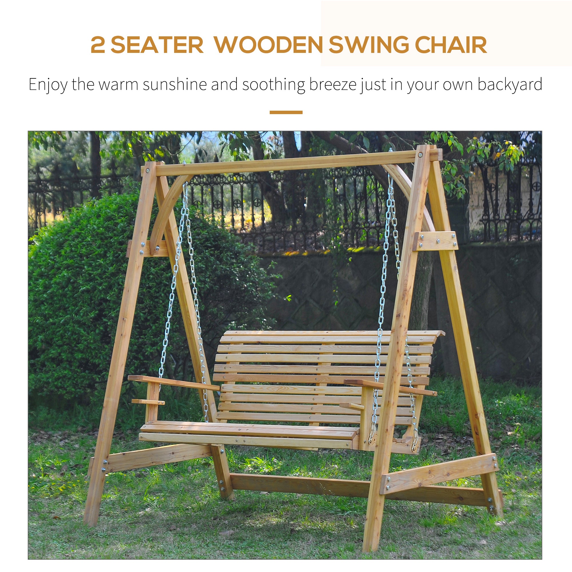 Outsunny 2 Seater Garden Swing Seat Larch Wood Swing Chair Hammock Bench Lounger - Natural 