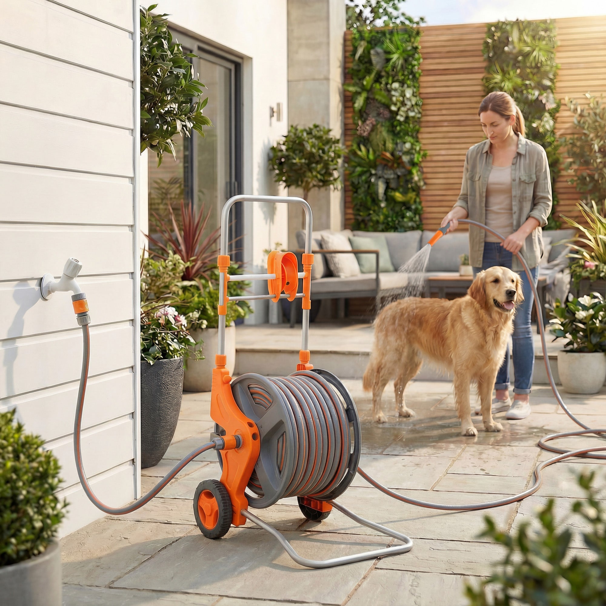 Outsunny Hose Reel Cart with Wheels, 45+2m Garden Hose Reel with 2 Patterns Nozzle, Faucet Adaptors and Rewind Handle, Orange 