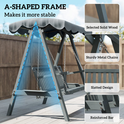 Outsunny 2 Seater Garden Swing Seat with Canopy, Wooden Swing Chair, Outdoor Hammock Bench for Balcony Patio Porch, Grey 