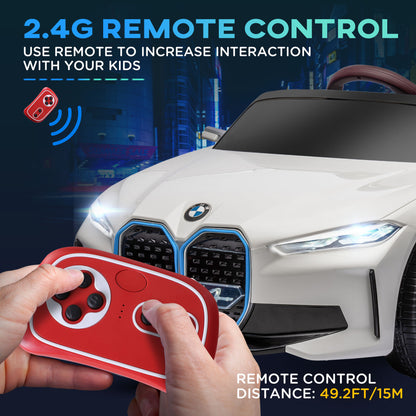 HOMCOM BMW i4 Licensed 12V Kids Electric Ride-On Car, White, red and light blue