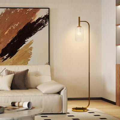 HOMCOM LED Floor Lamp for Living Room with Glass Lampshade, Modern Standing Lamp with Foot Switch, Adjustable Brightness, 2700K for Bedroom, Gold Tone 