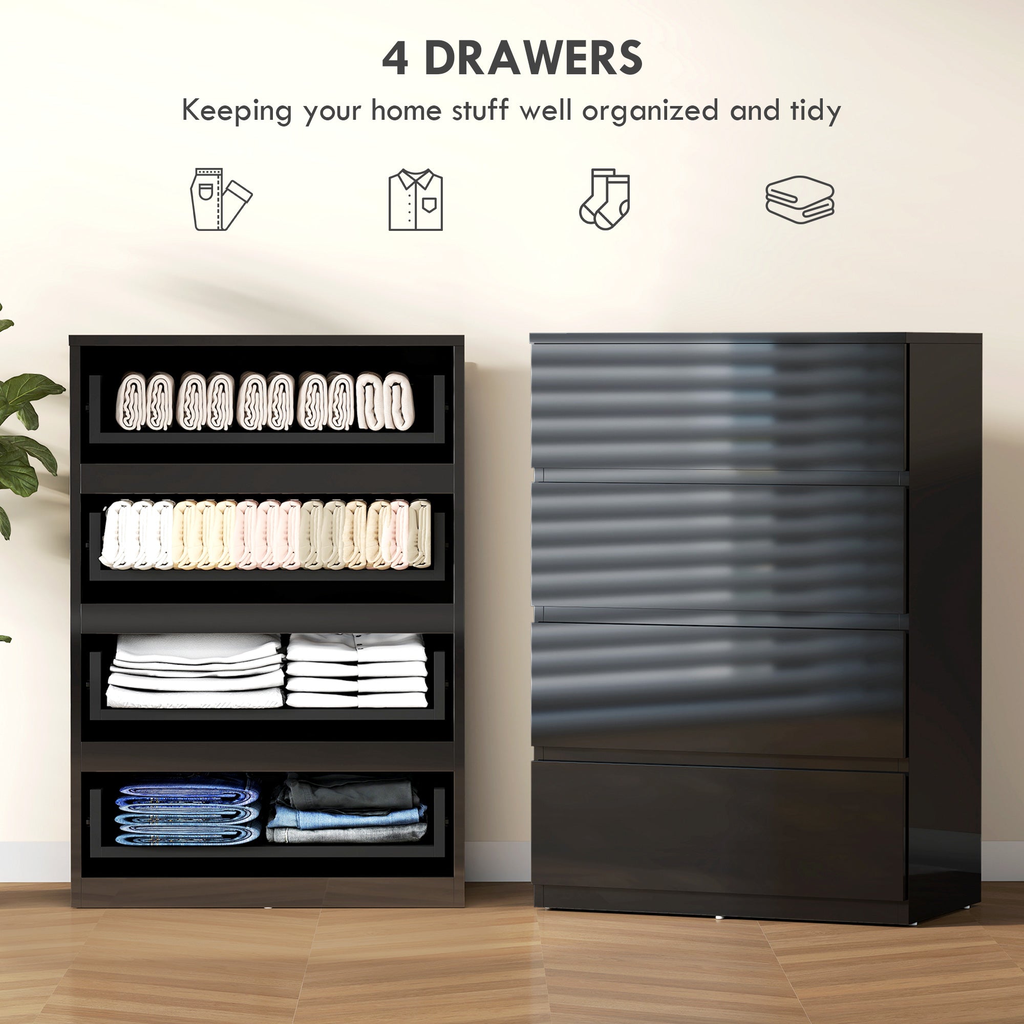 HOMCOM Chest of Drawers, 4-Drawer Storage Cabinets, Modern Dresser, Storage Drawer Unit for Bedroom 