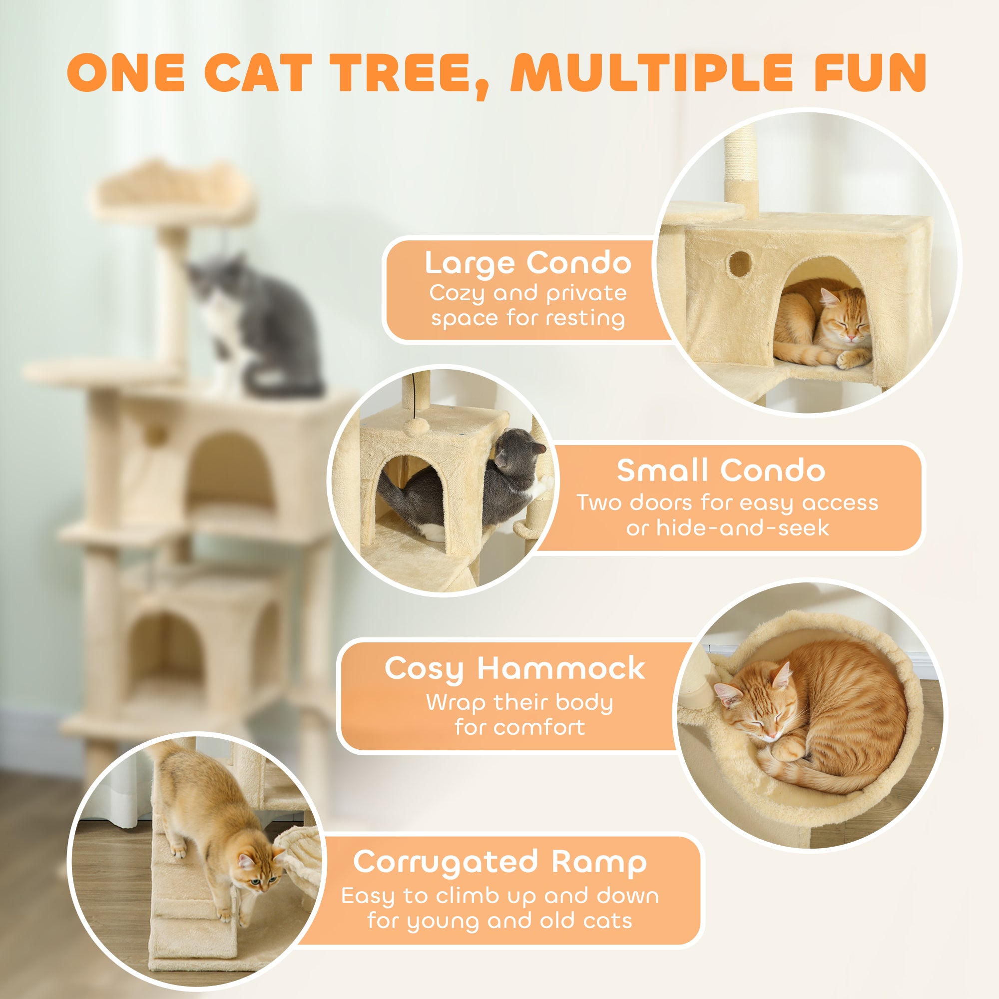 PawHut 140cm Large Cat Tree Tower with Sisal Scratching Posts, Plush Perches, Hammock, Beige 
