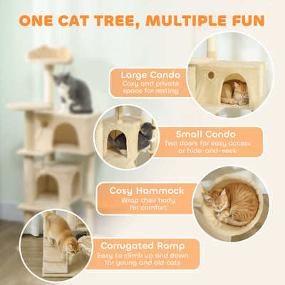 PawHut 140cm Large Cat Tree Tower with Sisal Scratching Posts, Plush Perches, Hammock, Beige 