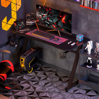 HOMCOM Gaming Desk 120 x 65 cm Steel Frame with Cup Holder, Headphone Hook, Adjustable Feet and Cable Organiser, Home Office Computer Table, Black 