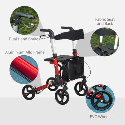HOMCOM Folding Rollator Walker with Seat and Backrest, Lightweight Walking Frame with Detachable Storage Bag, Dual Brakes, Adjustable Handle Height, 4 Wheeled Walker for Seniors, Handicapped, Red 