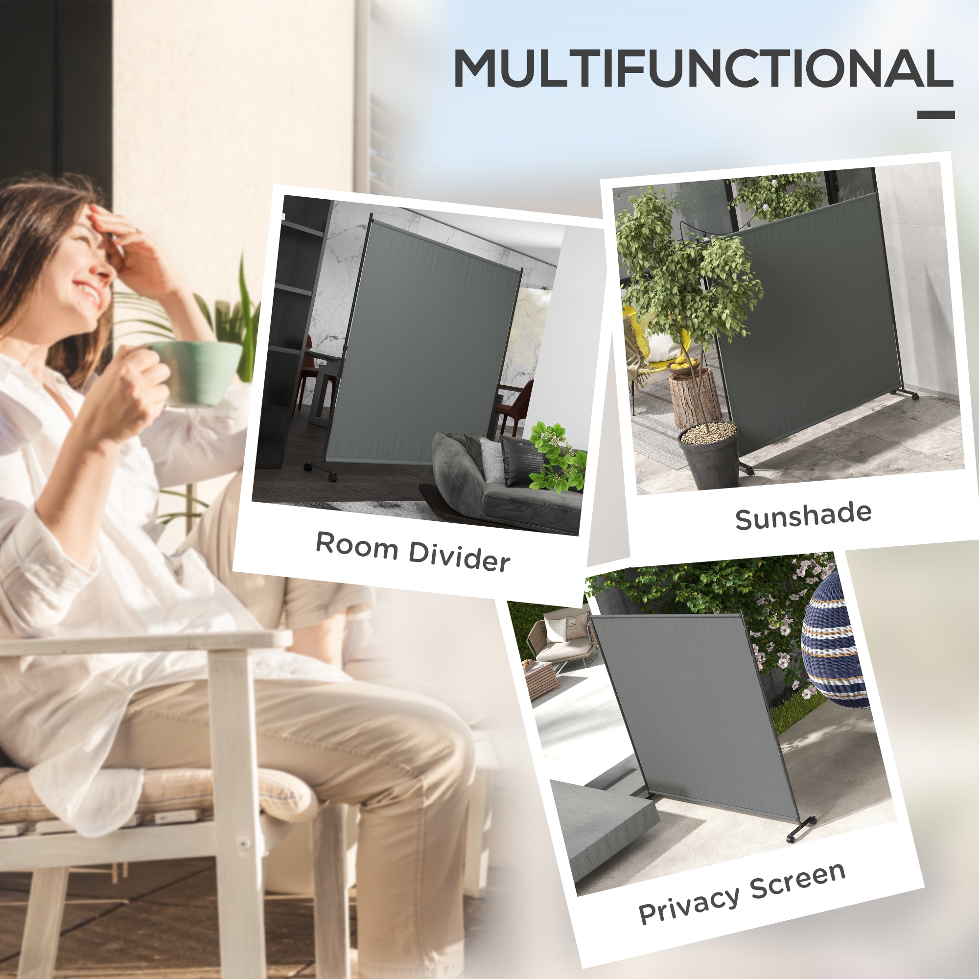 Outsunny 183 x 181cm Outdoor Privacy Screen, with Wheels - Dark Grey 