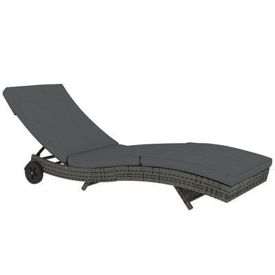 Outsunny Patio Wicker Chaise Lounge Chair, Outdoor PE Rattan Sun Lounger with Adjustable Backrest and 2 Wheels, Dark Grey 