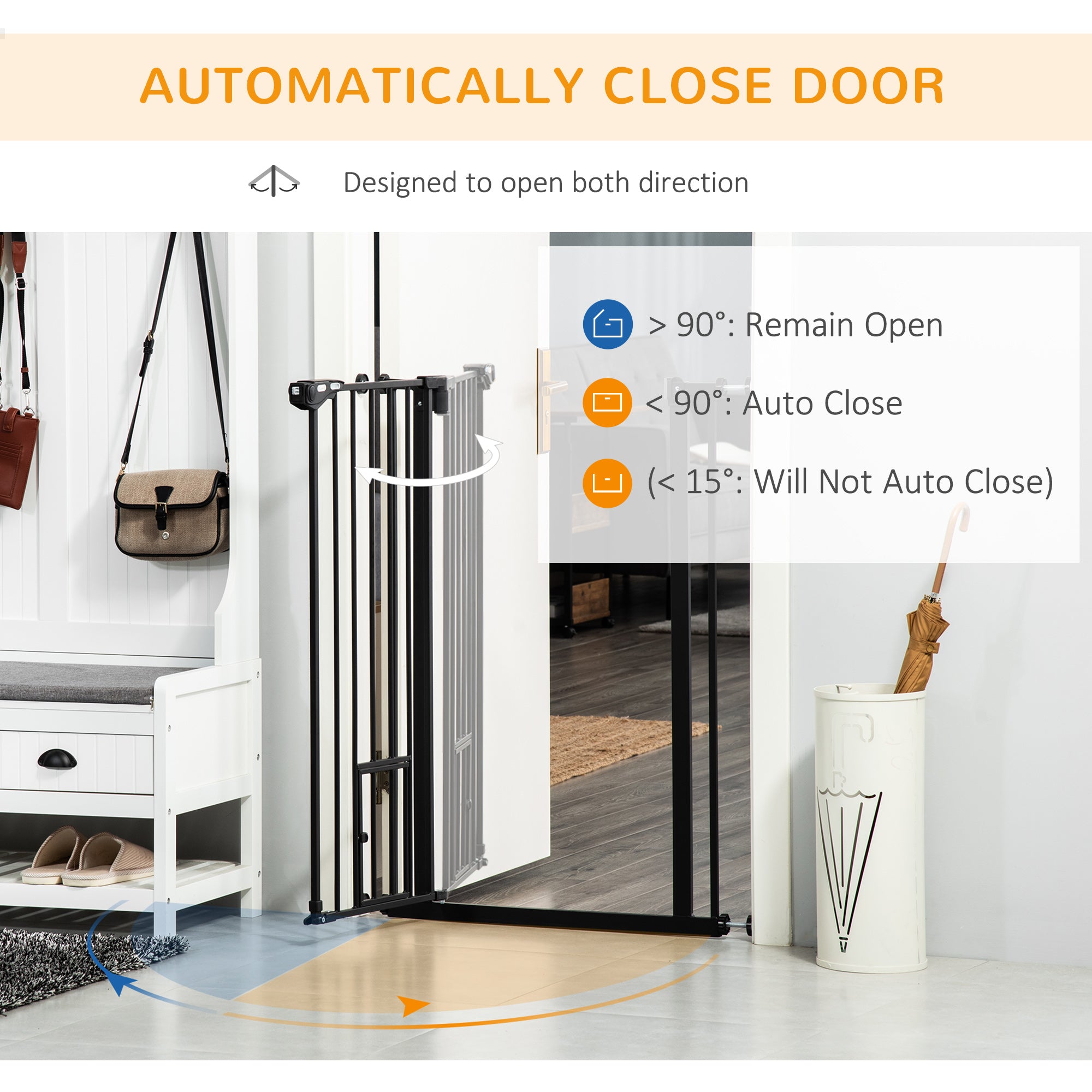 PawHut Extra Tall Pet Gate, Indoor Dog Safety Gate, with Cat Flap, Auto Close, 74-101cm Wide - Black 