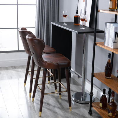 HOMCOM Bar Stools Set of 2, PU Leather Vintage Counter-Height Bar Chair, Luxury European Style Kitchen Stools with Back, Brown 