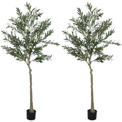 HOMCOM Set of 2 6ft/ 180cm Decorative Artificial Plant, Silk Olive Tree with 900 Leaves and 40 Olive Fruits in Pot, Fake Plant for Home, Office, Living Room, Indoor Decor
