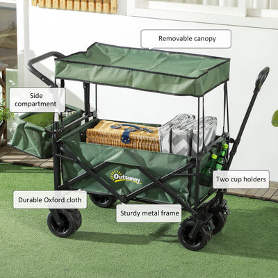 Outsunny Folding Trolley Cart Storage Wagon Beach Trailer 4 Wheels with Handle Overhead Canopy Cart Push Pull for Camping, Green 