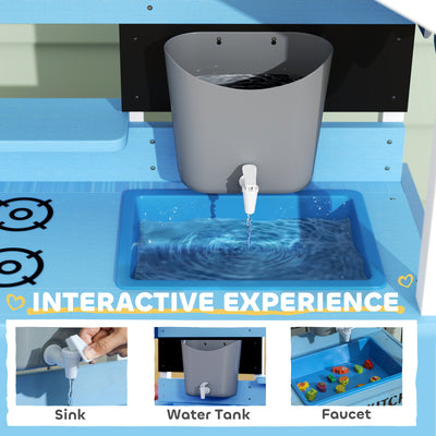 AIYAPLAY Kids Mud Kitchen Outdoor with Stoves, Sink, Faucet, Storage Shelves, Cookware Accessories for Boys Girls, Blue 