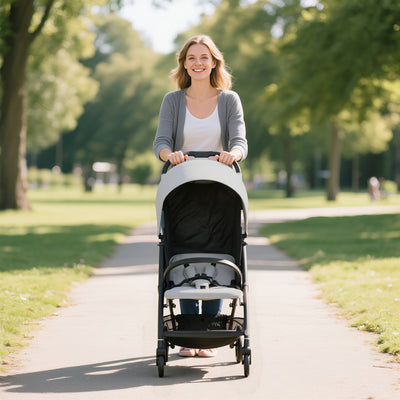 AIYAPLAY Travel Stroller, Lightweight Pushchair, Compact Buggy with Canopy, Basket and Multi-Position Recline, Light Grey 
