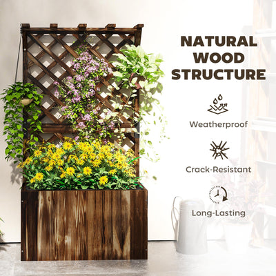 Outsunny Wooden Planter with Trellis, Freestanding Raised Garden Bed with Drainage Holes, Outdoor Planter Box with Liner for Vegetables, Herbs and Flowers, Carbonised 