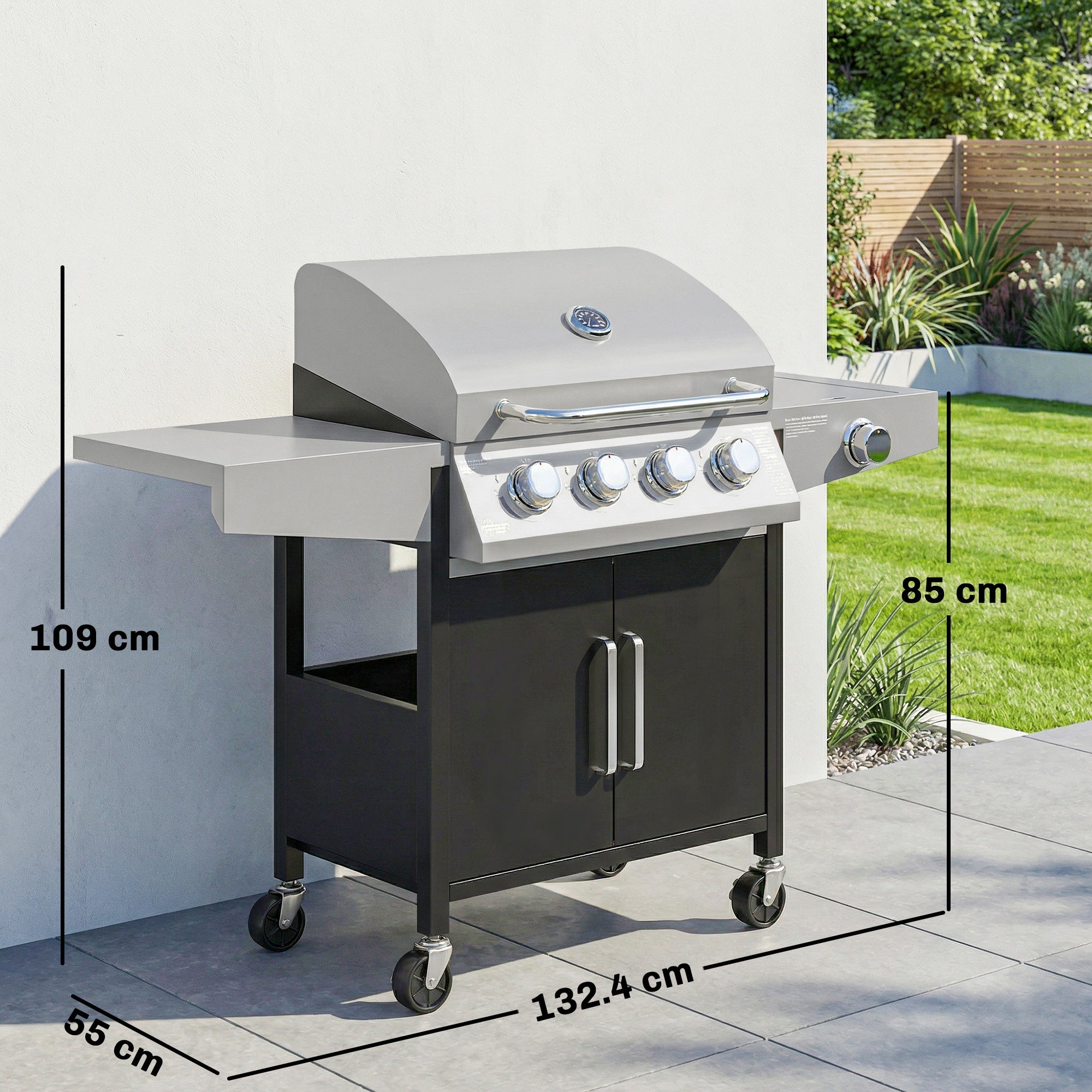 Outsunny 4+1 Burner Gas BBQ Grill with Side Burner, 50000 BTU Steel Portable Gas Barbecue Grill with Built-in Thermometer, Lid 