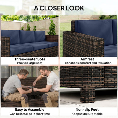 Outsunny 3 Seater Rattan Sofa All-Weather Wicker Weave Metal Frame Chair with Fire Resistant Cushio-Dark Blue 