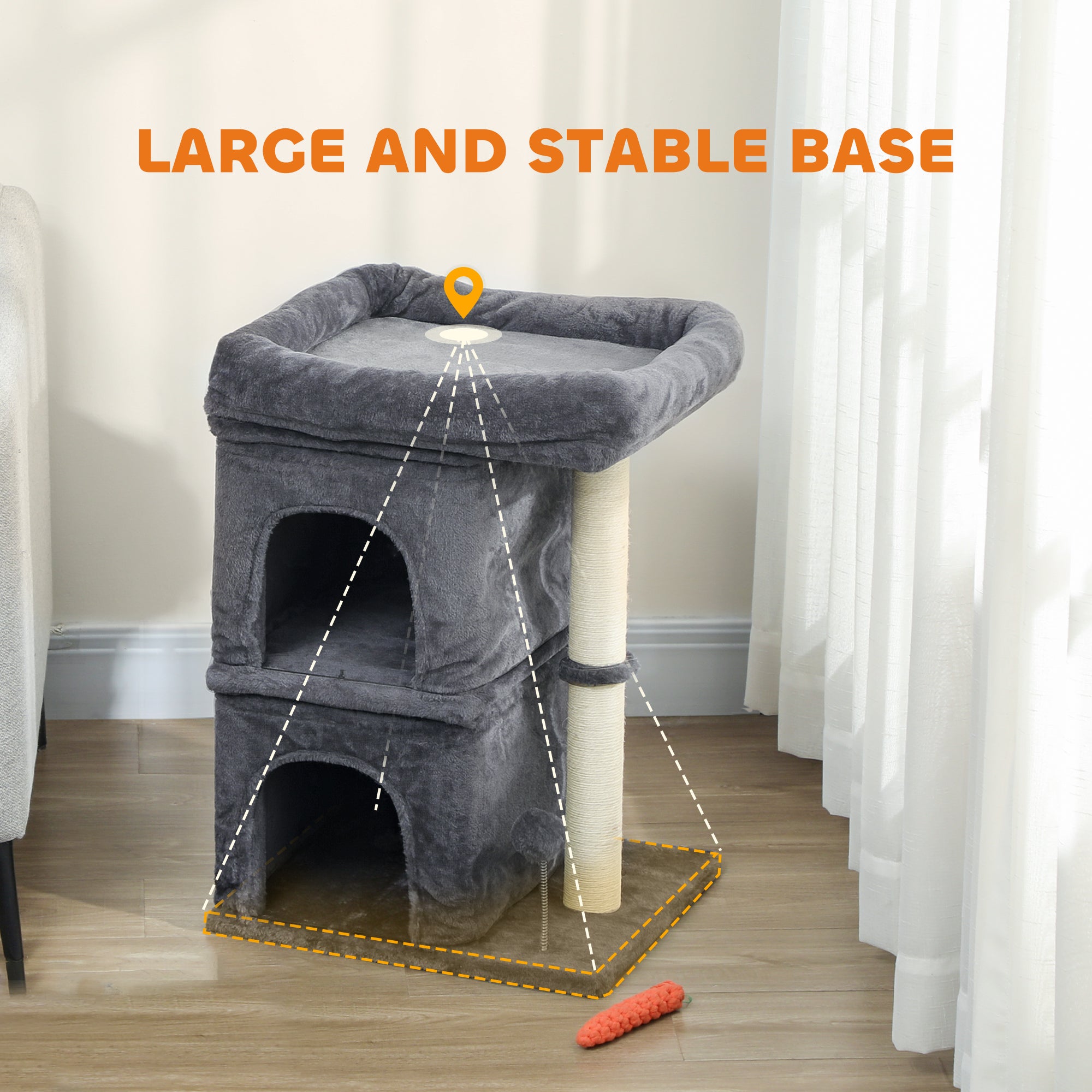 PawHut 66 cm Small Cat Tree for Large Cats, Cat Tower w/ Large Top Perch, 2 Condos, Sisal Scratching Post, Toy Ball, Dark Grey 