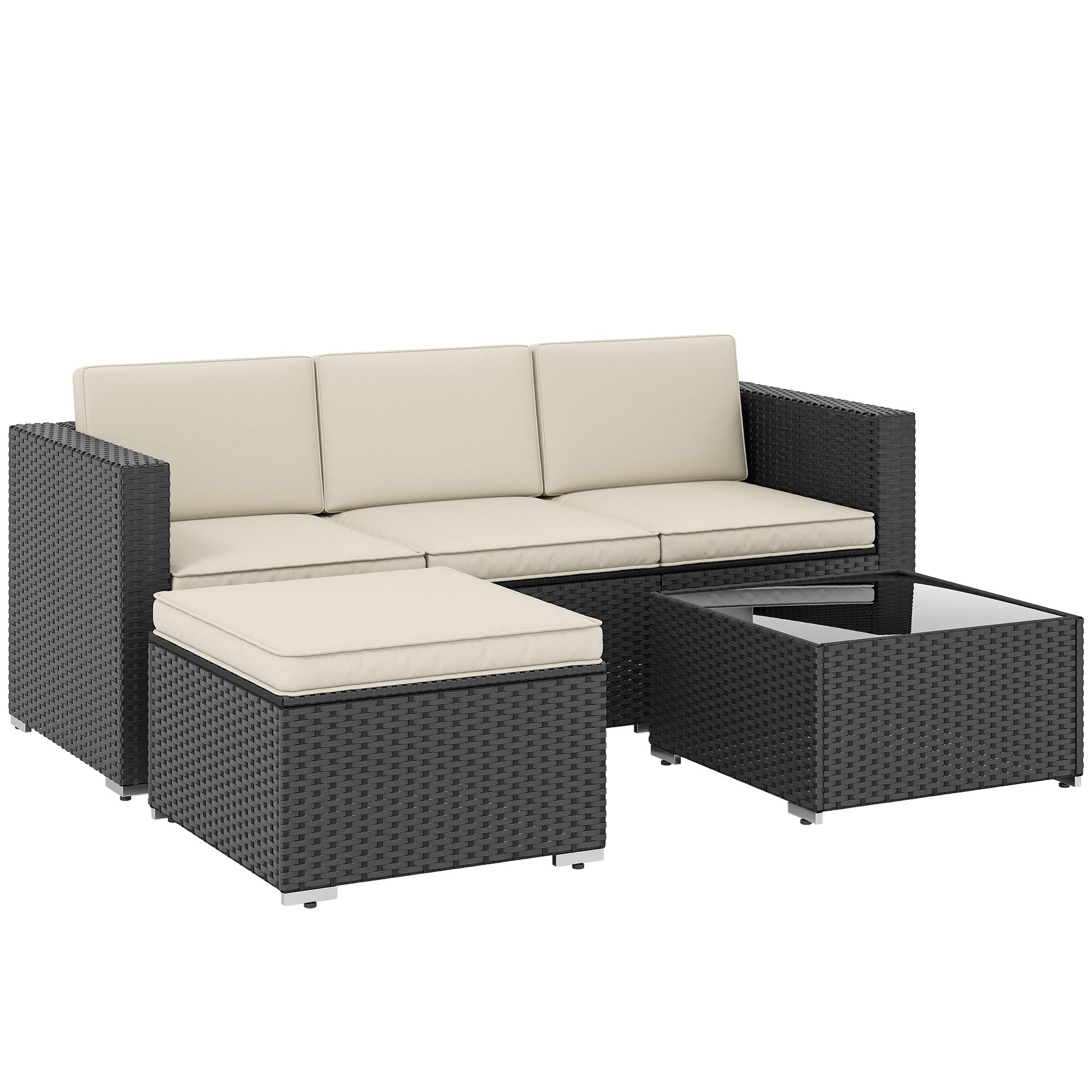 Outsunny 3 Pieces Garden Furniture Set w/ Cushions, PE Rattan Wicker Conversation Corner Sofa Set 