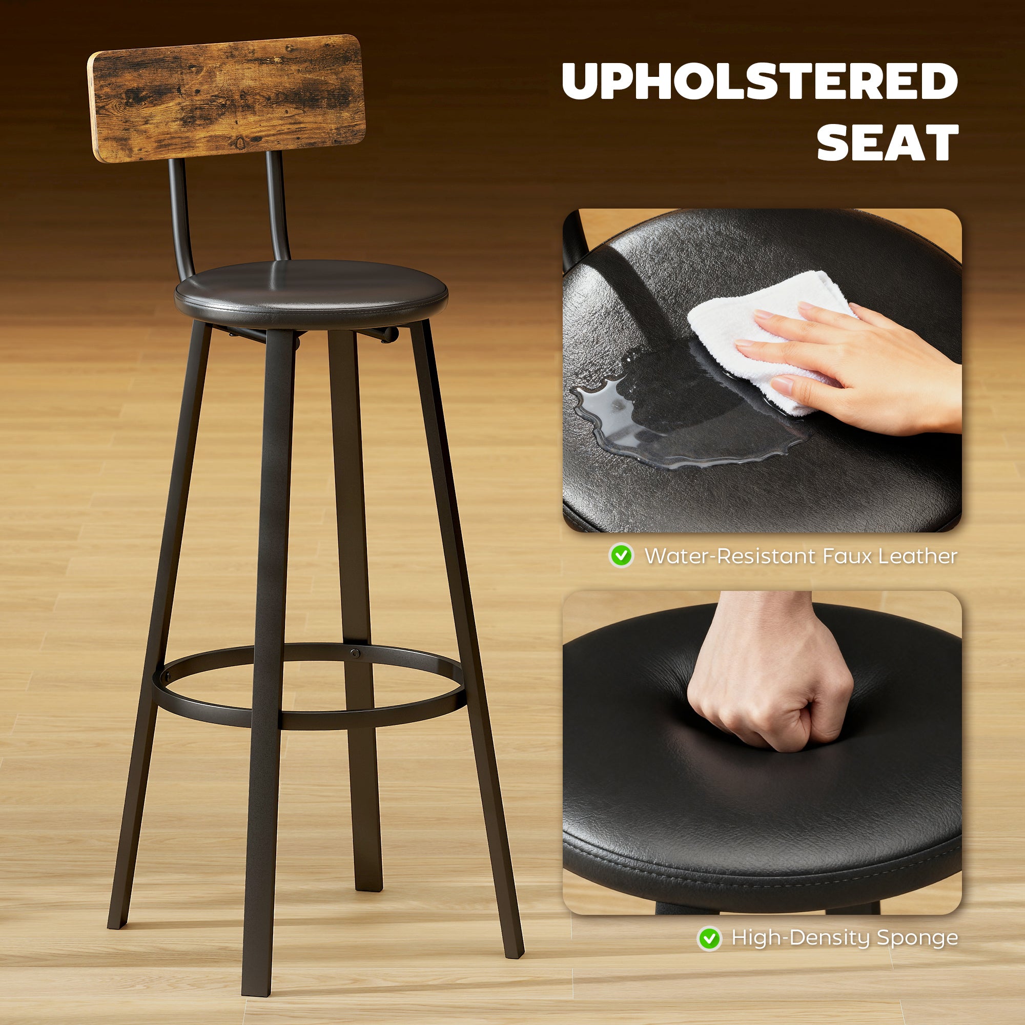 HOMCOM Set of Two Industrial-Style Bar Stools - Brown/Black 