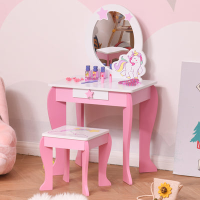 HOMCOM Kids Dressing Table with Mirror, Stool, Pink 