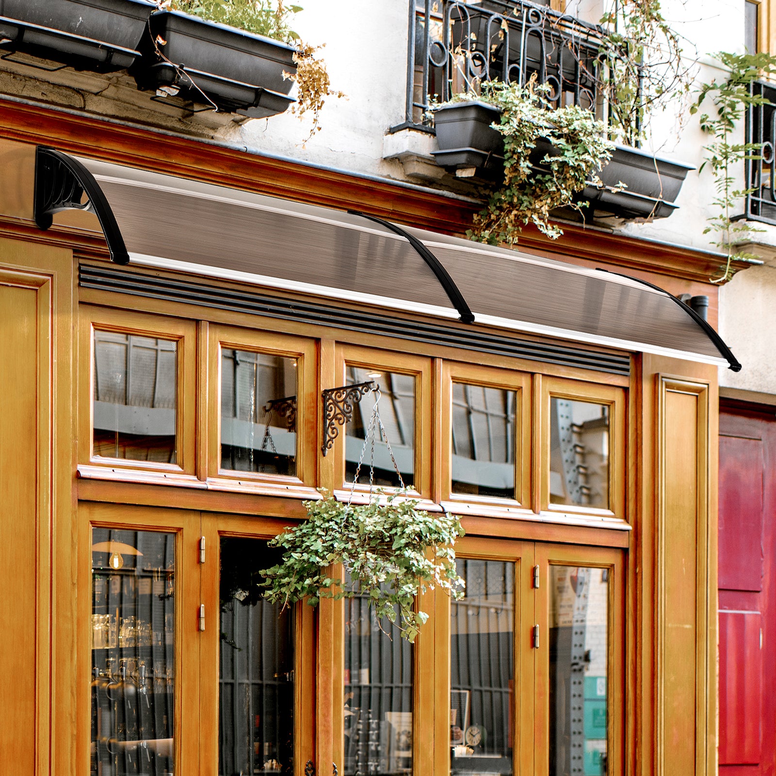 Outsunny 75 x 195 cm Curved Door Window Awning Canopy, Polycarbonate Cover Front Door Outdoor Patio, UV Rain Snow Protection Shelter, Brown 