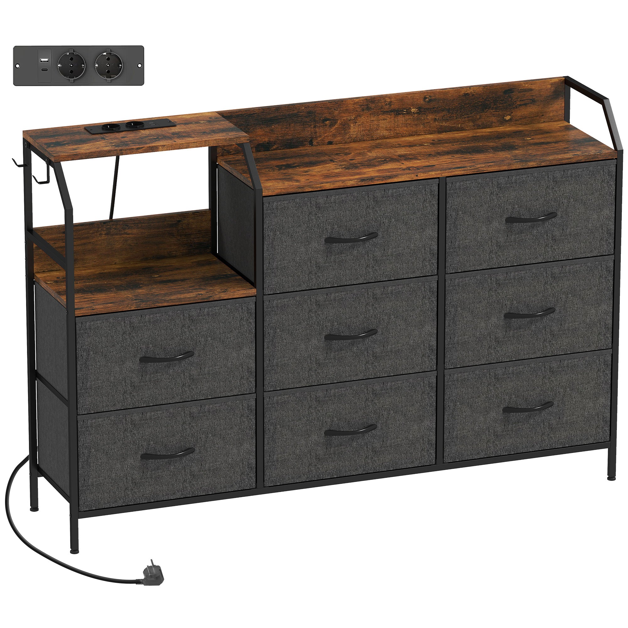 HOMCOM Chest of Eight Drawers, with Charging Station - Brown/Black 