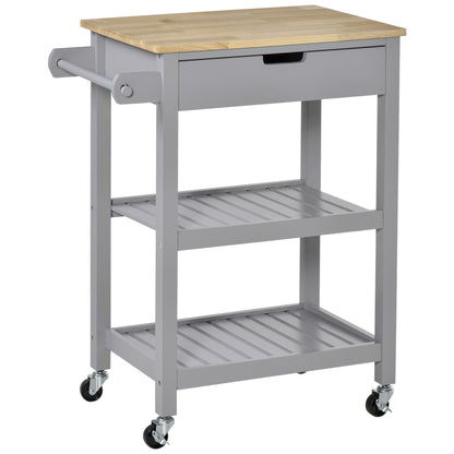 HOMCOM Kitchen Trolley Utility Cart on Wheels with Rubberwood Worktop, Towel Rack, Storage Shelves & Drawer for Dining Room, Grey 