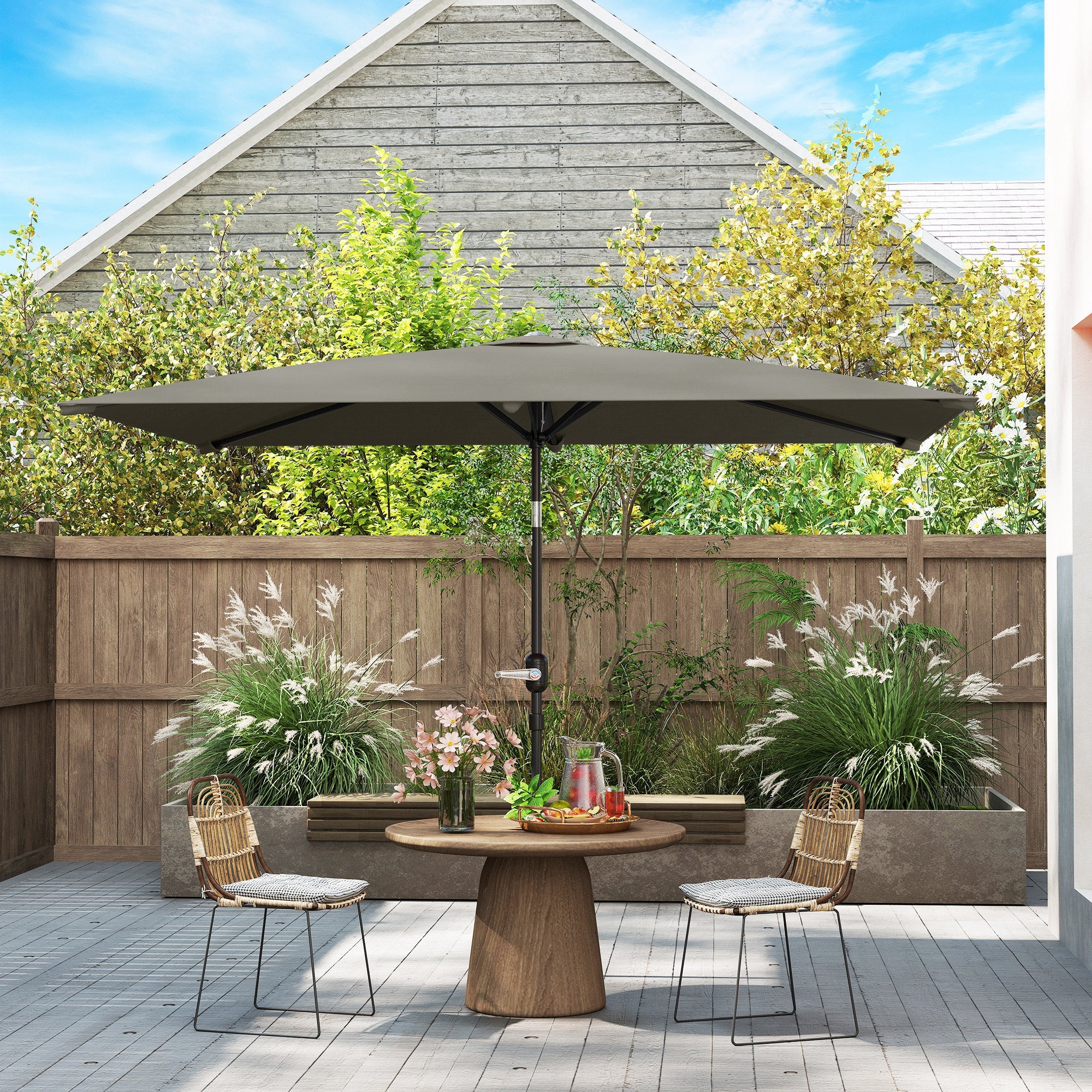 Outsunny 3x2m Patio Parasol Garden Umbrellas Canopy with Aluminium Tilt Crank Rectangular Sun Shade Steel, Light Grey 
