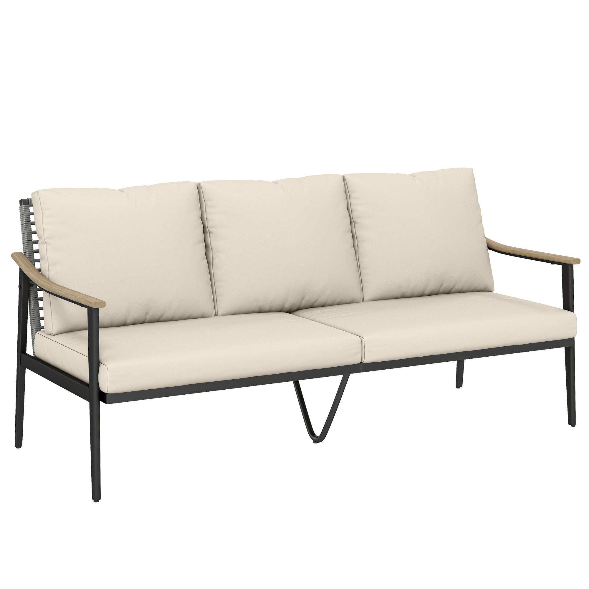 Outsunny 3 Seater Rattan Sofa, Outdoor Garden Sofa with Wood-Effect Armrests, Cushions for Patio, Balcony, Khaki 