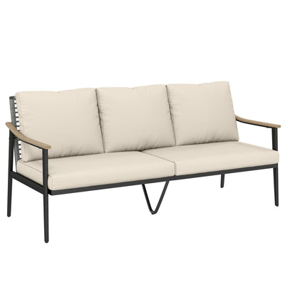 Outsunny 3 Seater Rattan Sofa, Outdoor Garden Sofa with Wood-Effect Armrests, Cushions for Patio, Balcony, Khaki 