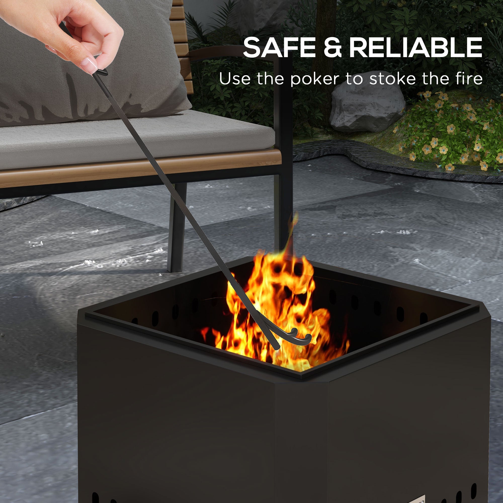 Outsunny Smokeless Fire Pit, 48 cm Portable Wood Burning Firepit, Square Metal Bonfire Stove with Poker, Black 