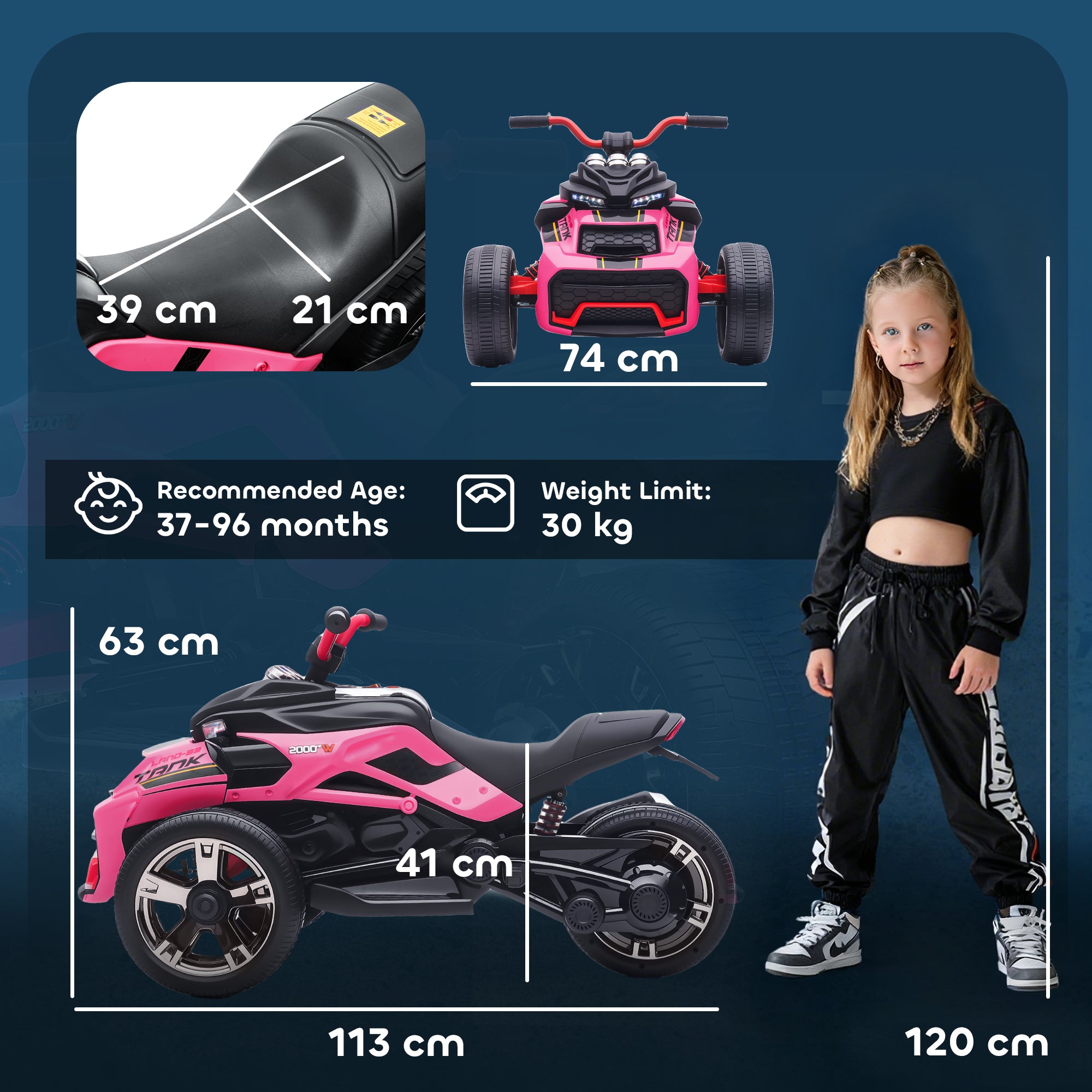 AIYAPLAY 12V Kids Electric Ride On Car with 3 Wheeler, MP3 Player, Horn, 2 Speeds, LED Lights for Boys & Girls Ages 3-8, Pink 