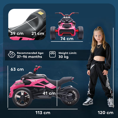 AIYAPLAY 12V Kids Electric Ride On Car with 3 Wheeler, MP3 Player, Horn, 2 Speeds, LED Lights for Boys & Girls Ages 3-8, Pink 