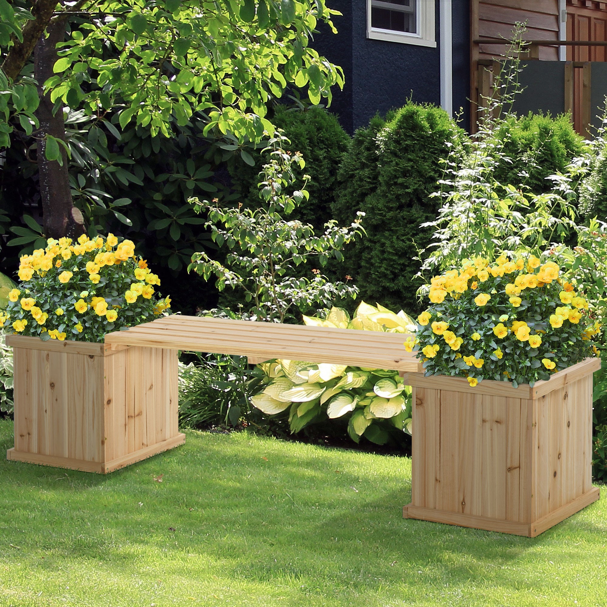 Outsunny 37L Wooden Garden Planter & Bench Combination Garden Raised Bed Patio Park Natural 176 x 38 x 40 cm 