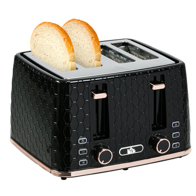 HOMCOM 4 Slice Toaster with 7 Browning Levels, High Lift, Reheat/Defrost/Cancel, Self-centring Function, Removable Crumb Tray, Auto Off, 1600W, Black Honeycomb Texture 