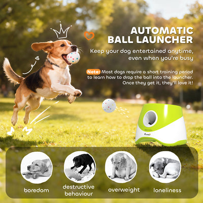 PawHut Automatic Dog Ball Launcher with 5 ETPU Tennis Balls 2.3", 3 Distance Settings 20/33/46ft, Green 