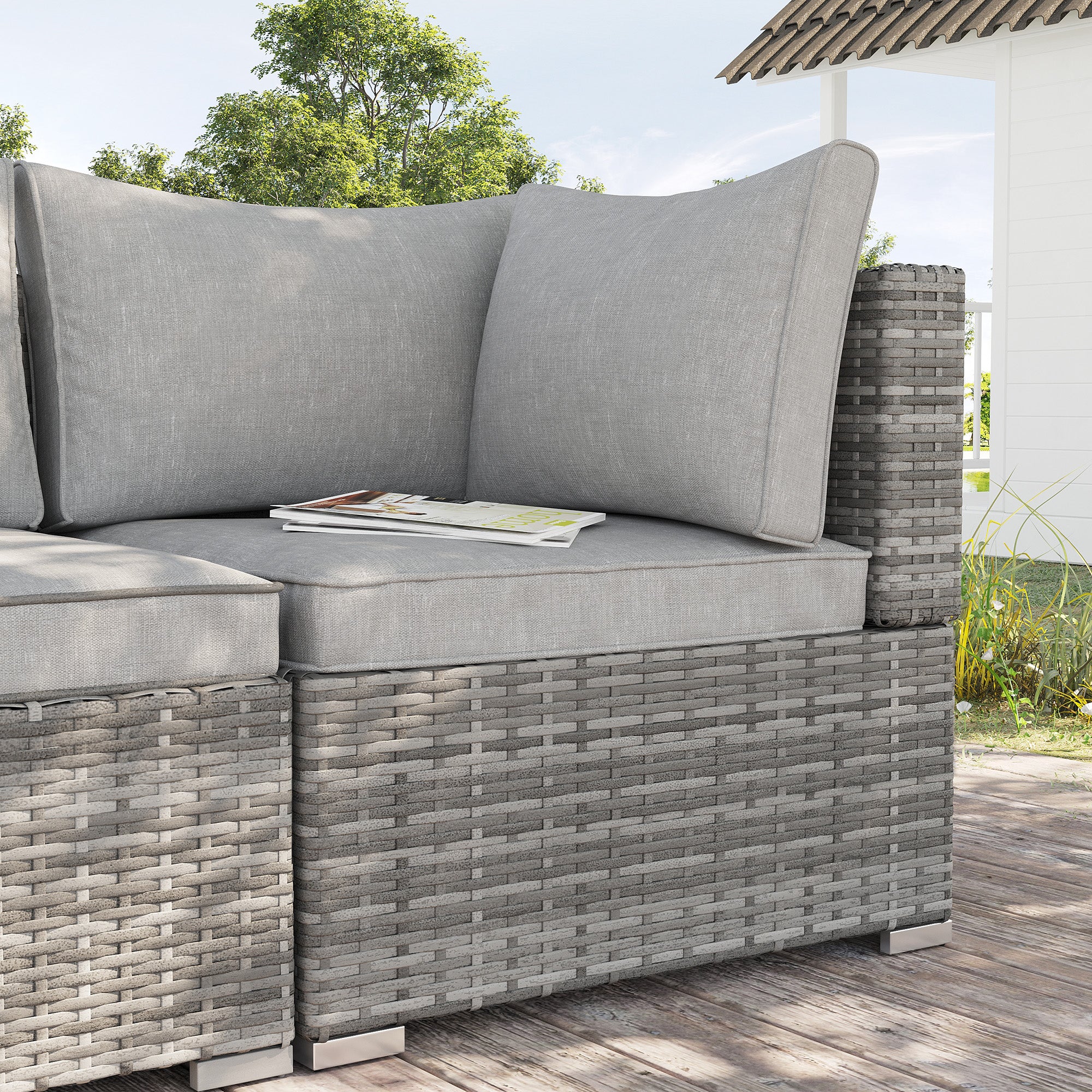 Outsunny Outdoor PE Rattan Corner Sofa, Garden Wicker Furniture Single Sofa Chair w/ Cushions, Light Grey 