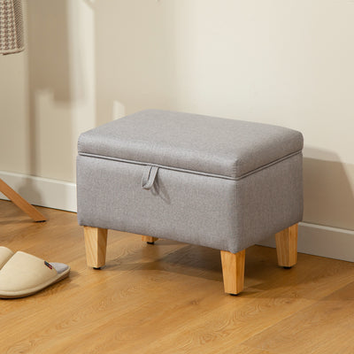 HOMCOM 16L Linen Storage Ottoman Padded Footstool with Rubberwood Legs for Storage Box, Bed End, Shoe Bench, Seating, Light Grey 