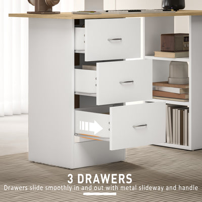 HOMCOM Computer Desk, Writing Table, PC Workstation with 3 Storage Shelves and Drawers, Silver Handle, for Home Office, Natural Wood Finish and White 