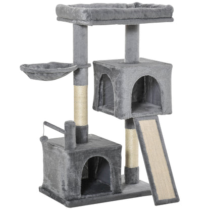 PawHut Cat Tree Tower for Indoor Cats, 111cm Kitten Activity Centre with Scratching Post Pad Hammock Condo Bed Ball Toy, Grey 